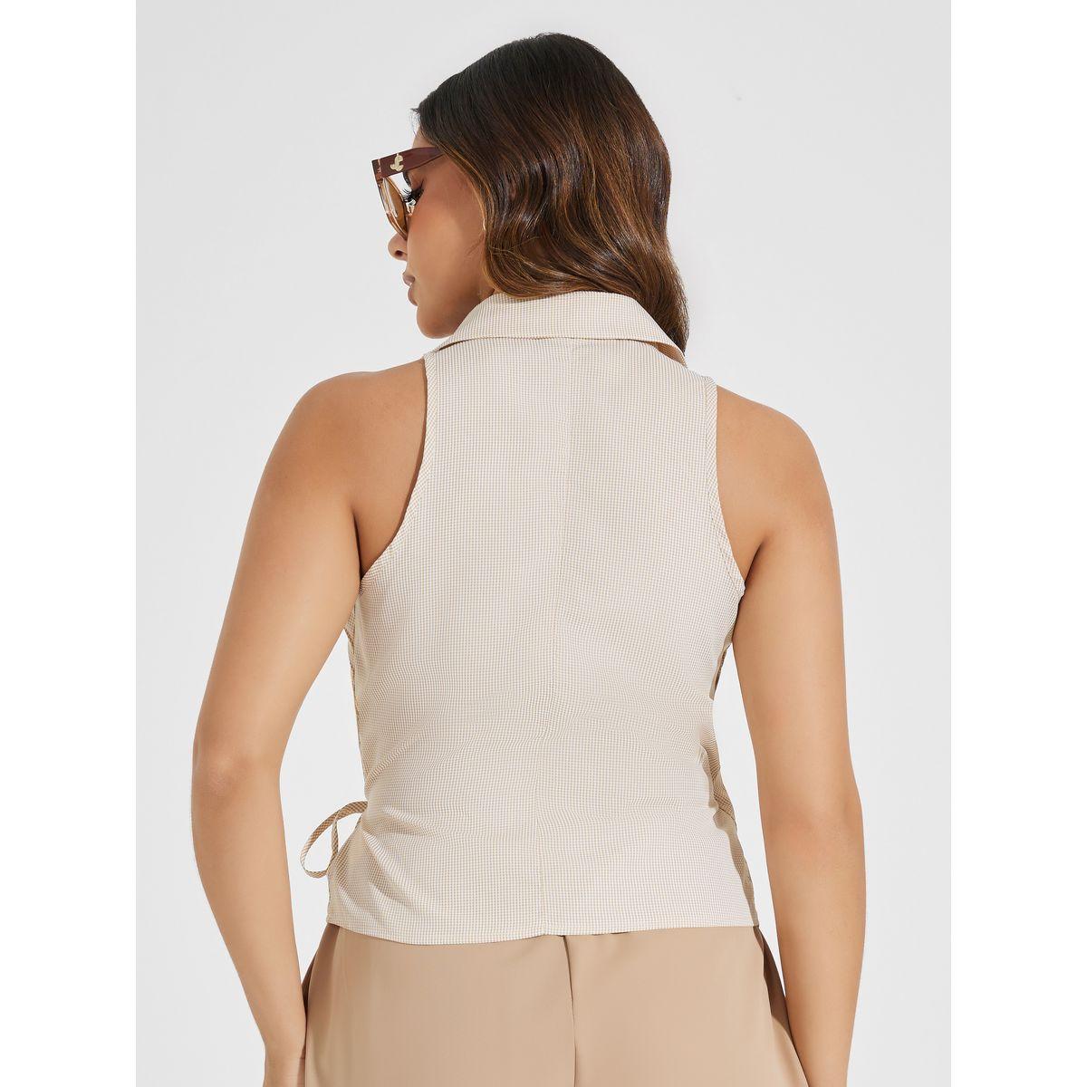Styli Checked Sleeveless Wrap Top with Collar & Tie Detail-women-clothing-shirtsandblouses-blouses-image-4