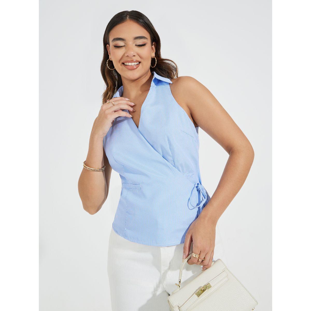 Styli Checked Sleeveless Wrap Top with Collar & Tie Detail-women-clothing-shirtsandblouses-blouses-image-1