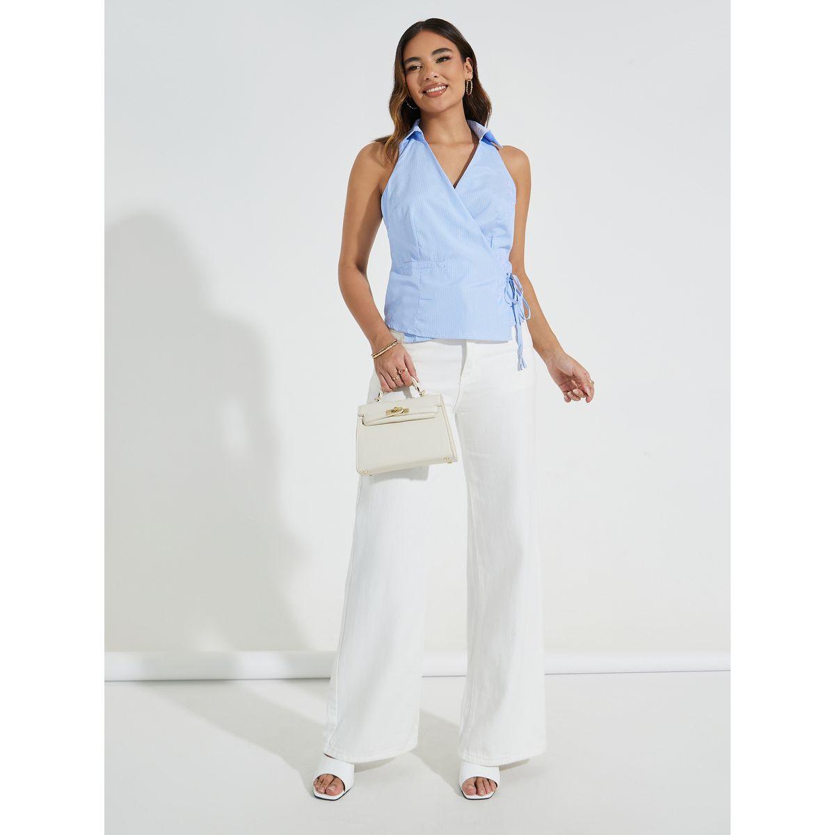 Styli Checked Sleeveless Wrap Top with Collar & Tie Detail-women-clothing-shirtsandblouses-blouses-image-2