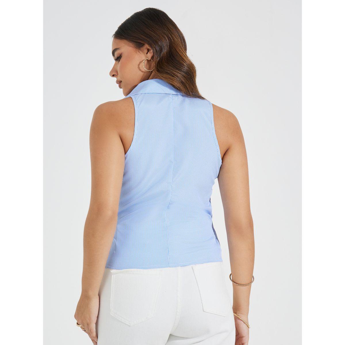 Styli Checked Sleeveless Wrap Top with Collar & Tie Detail-women-clothing-shirtsandblouses-blouses-image-4