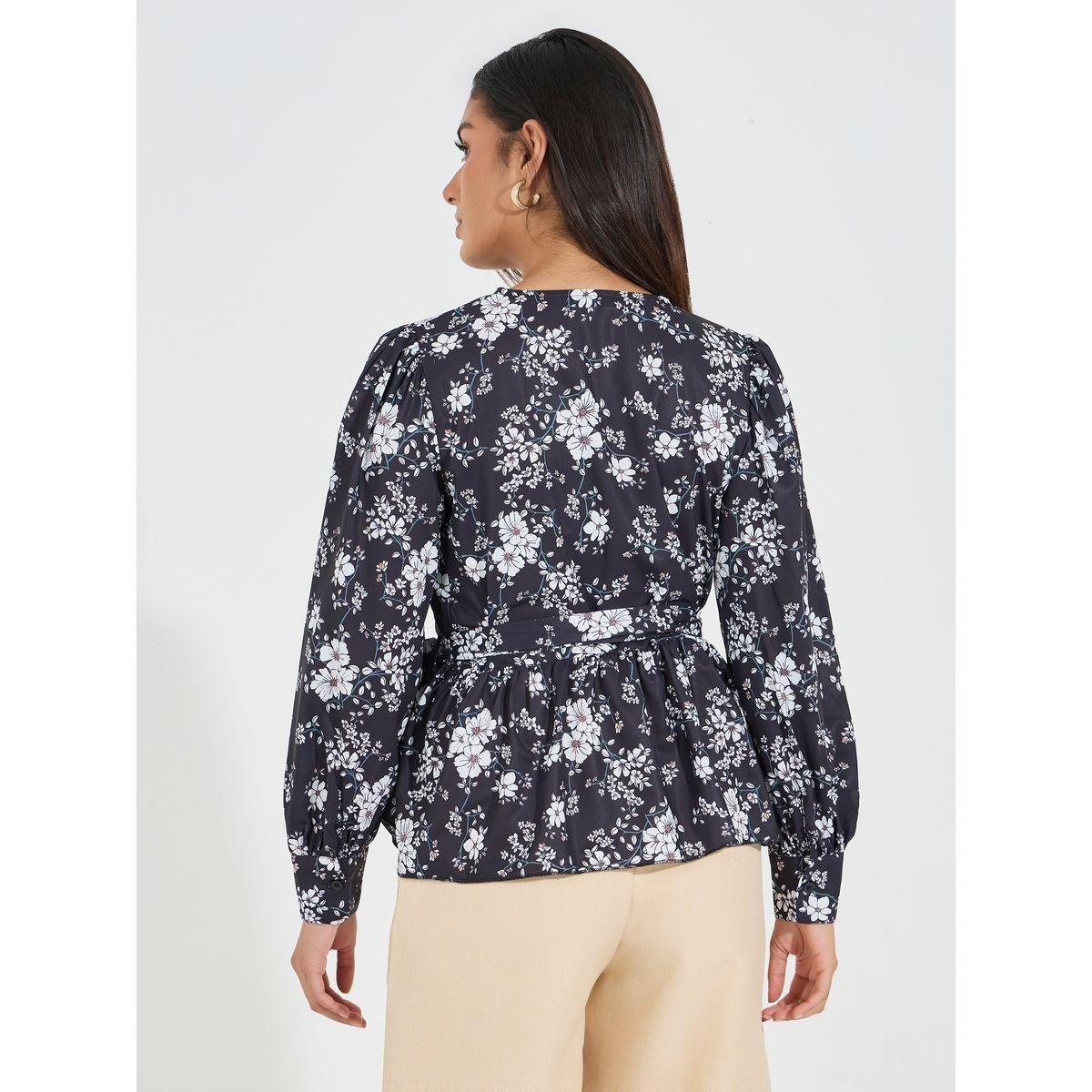بلوزة مطبعة بزهور ونمط لف مع أكمام مكبلة-women-clothing-shirtsandblouses-blouses-image-4
