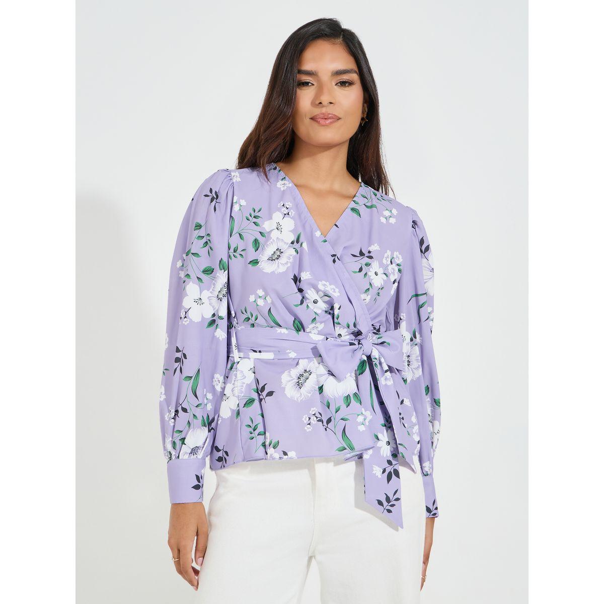 Styli Floral Print Wrap Top with Volume Cuffed Sleeves-women-clothing-shirtsandblouses-blouses-image-1