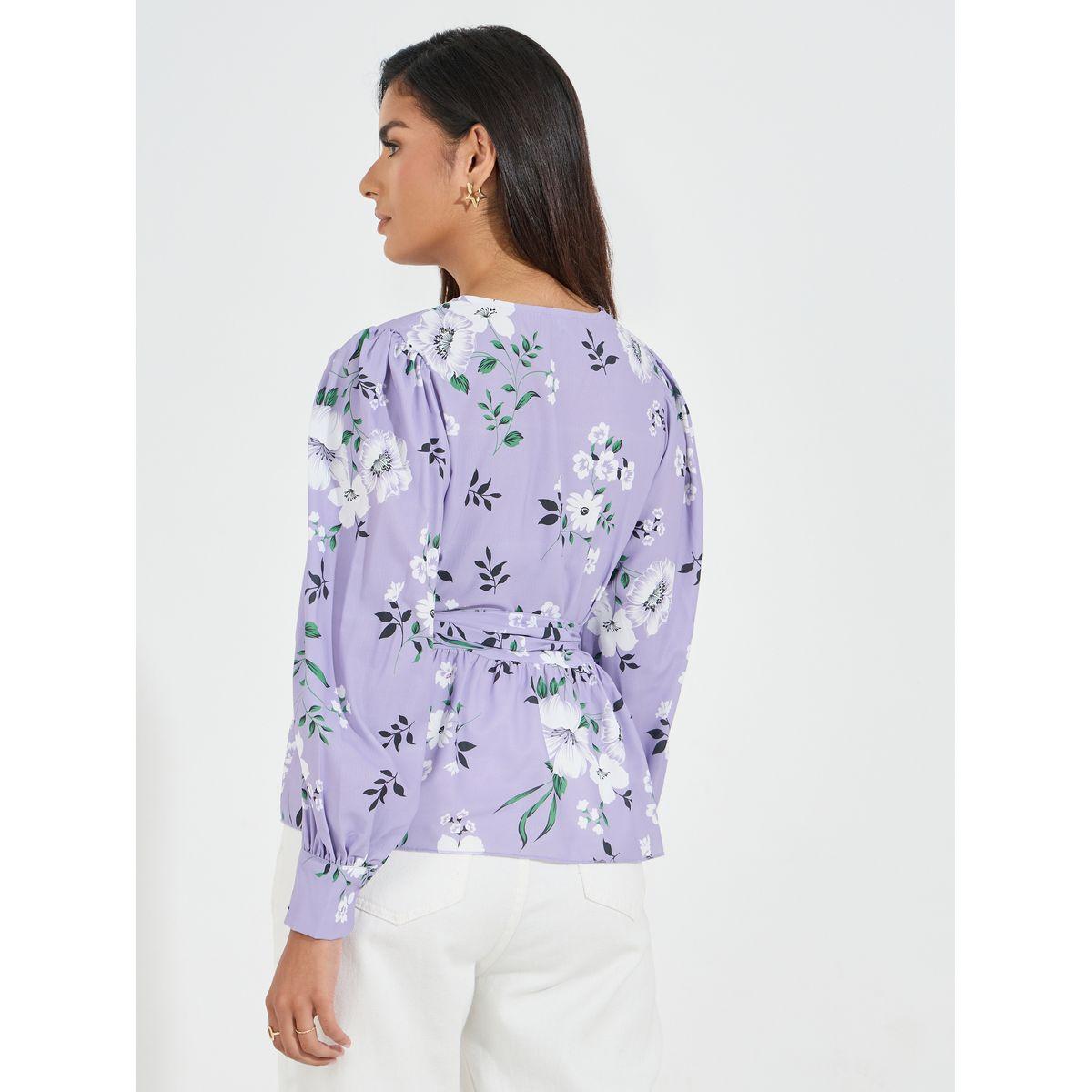 Styli Floral Print Wrap Top with Volume Cuffed Sleeves-women-clothing-shirtsandblouses-blouses-image-4