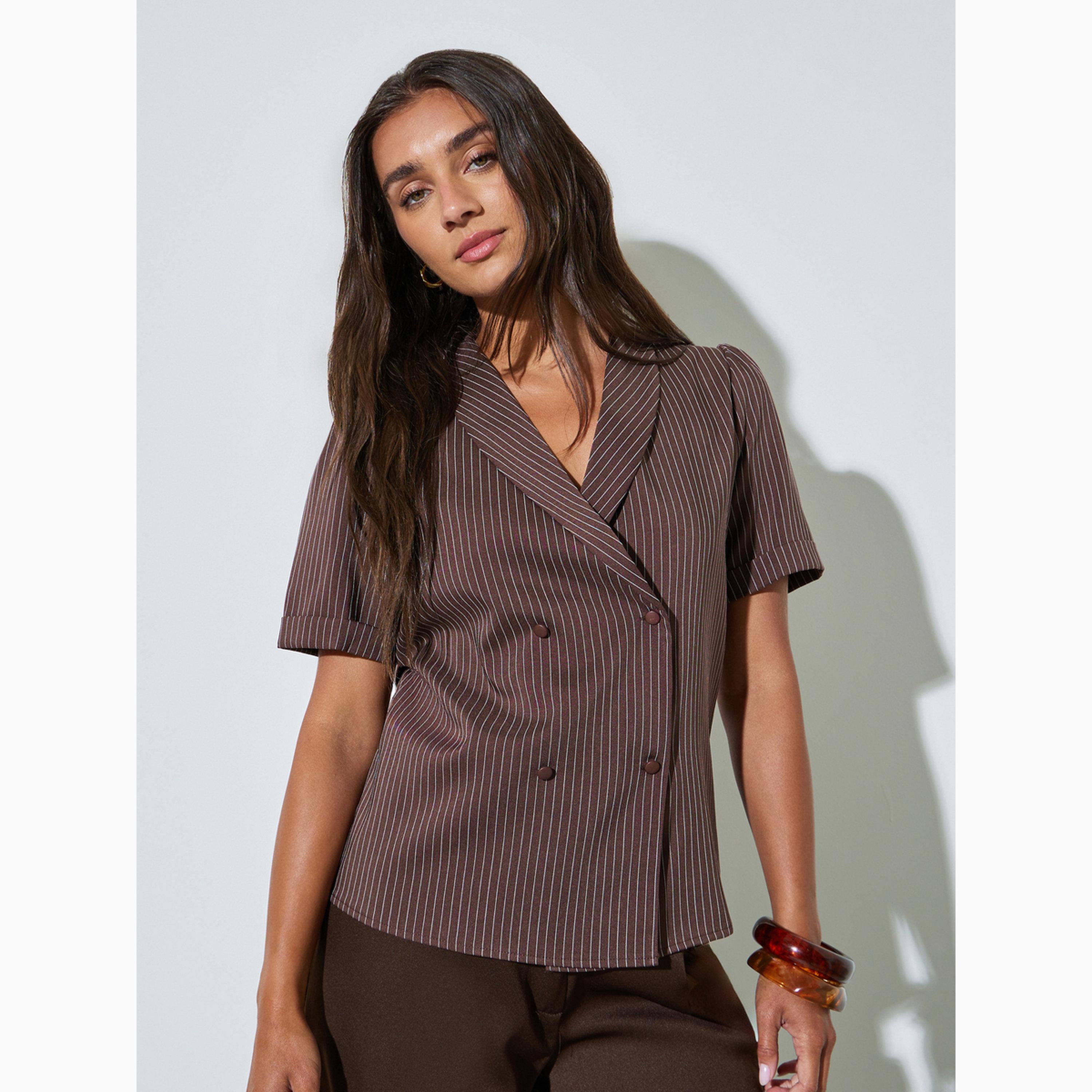Styli Coffee Brown Striped Wrap Top-women-clothing-shirtsandblouses-blouses-image-1