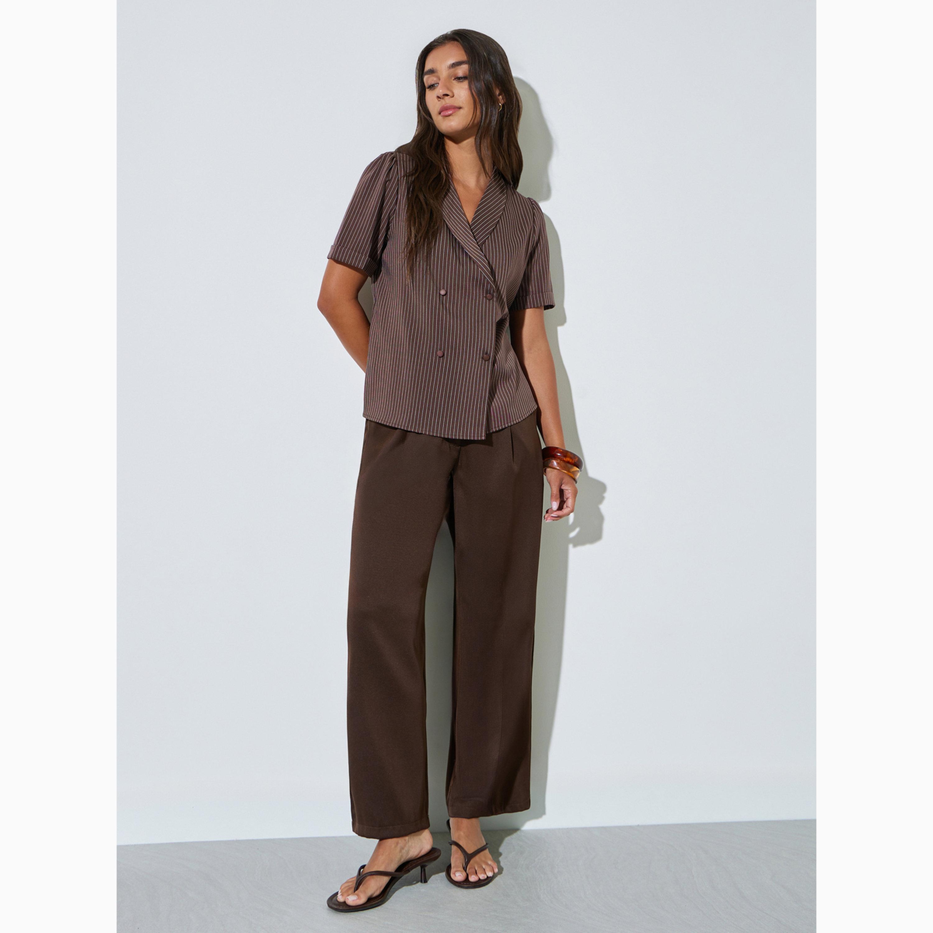 Styli Coffee Brown Striped Wrap Top-women-clothing-shirtsandblouses-blouses-image-2
