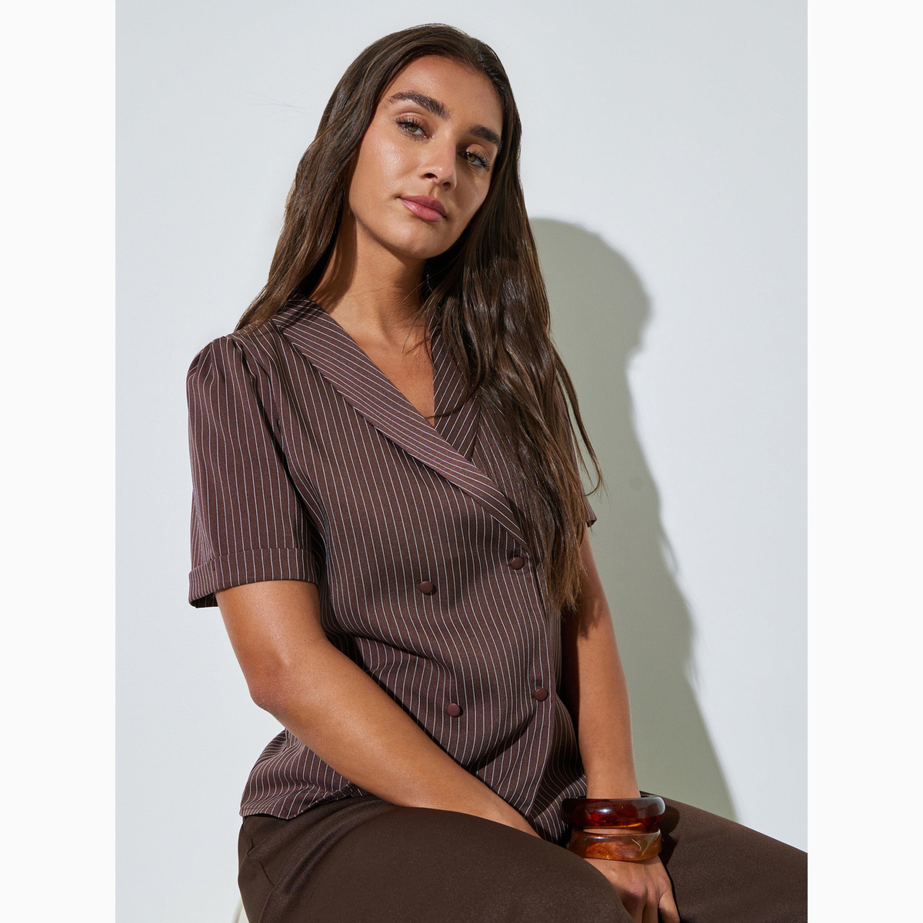 Styli Coffee Brown Striped Wrap Top-women-clothing-shirtsandblouses-blouses-image-3