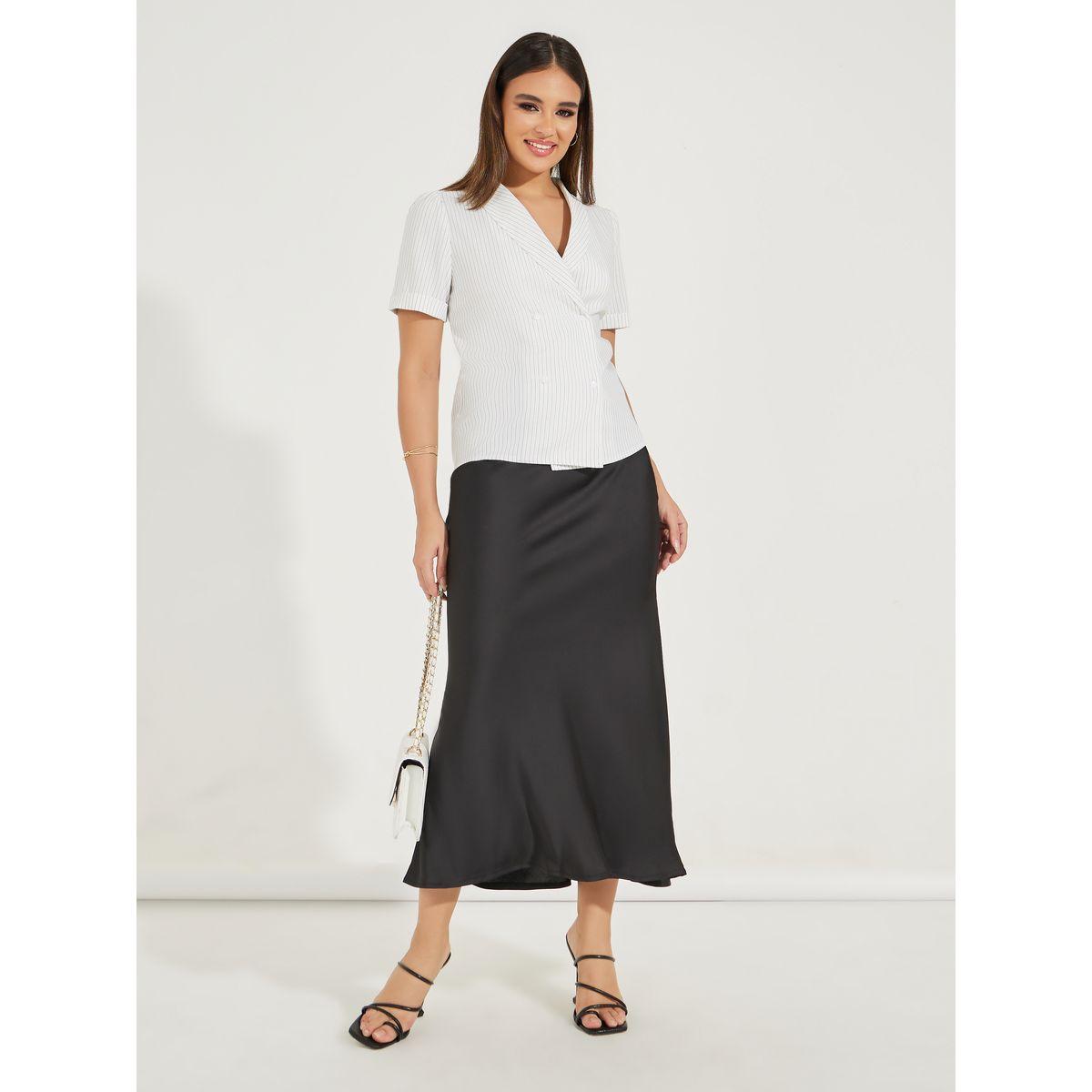 Styli Pinstriped Lapel Collar Wrap Top with Button Detail-women-clothing-shirtsandblouses-blouses-image-2