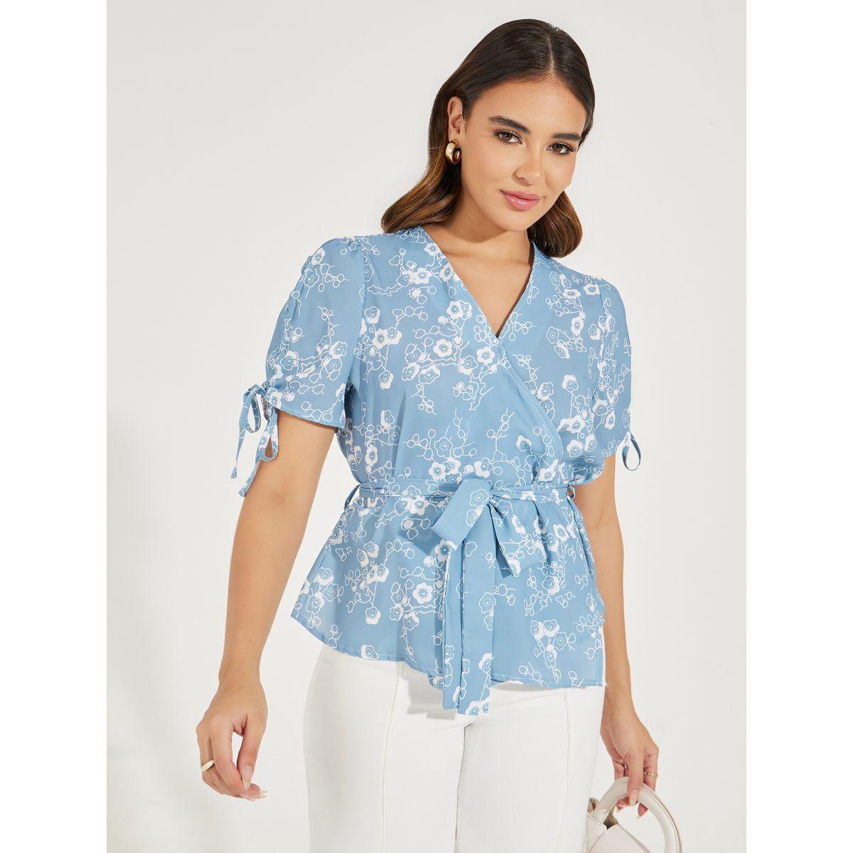 Styli Floral Print Wrap Top with Waist & Sleeve Tie Detail-women-clothing-shirtsandblouses-blouses-image-1
