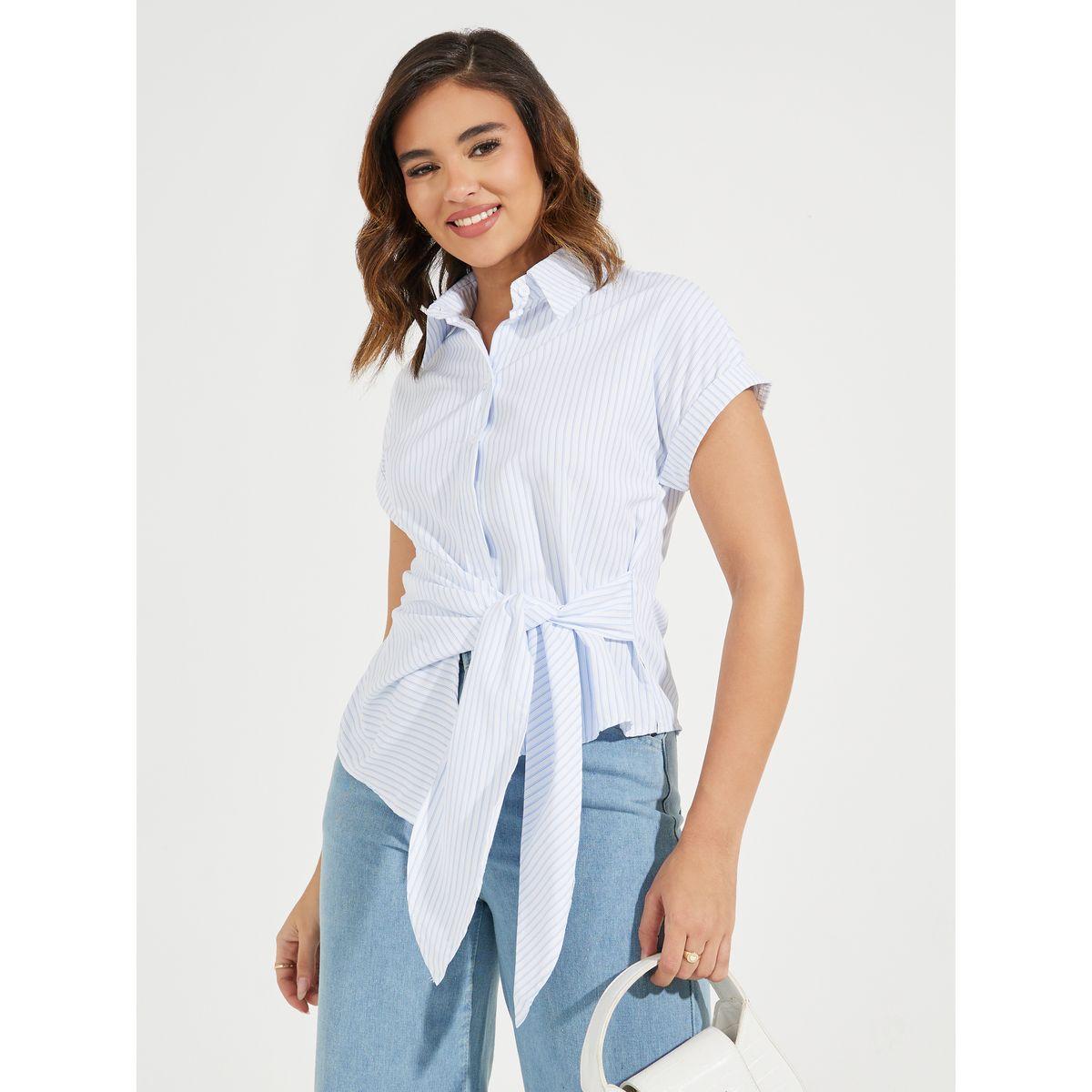 بلوزة مخططة بنمط لف مع اربطة-women-clothing-shirtsandblouses-blouses-image-4