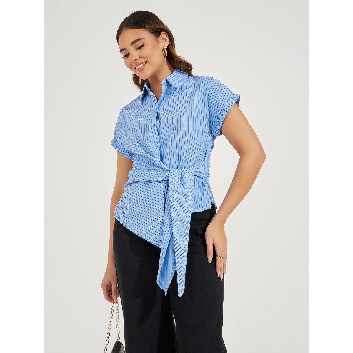 Styli Striped Wrap Tie Front Collared Top-women-clothing-shirtsandblouses-blouses-image-1