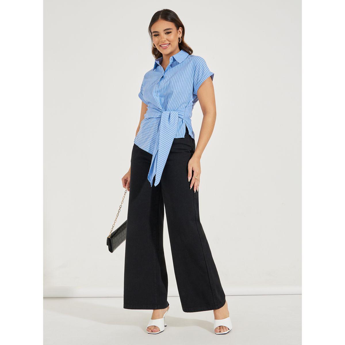 Styli Striped Wrap Tie Front Collared Top-women-clothing-shirtsandblouses-blouses-image-2