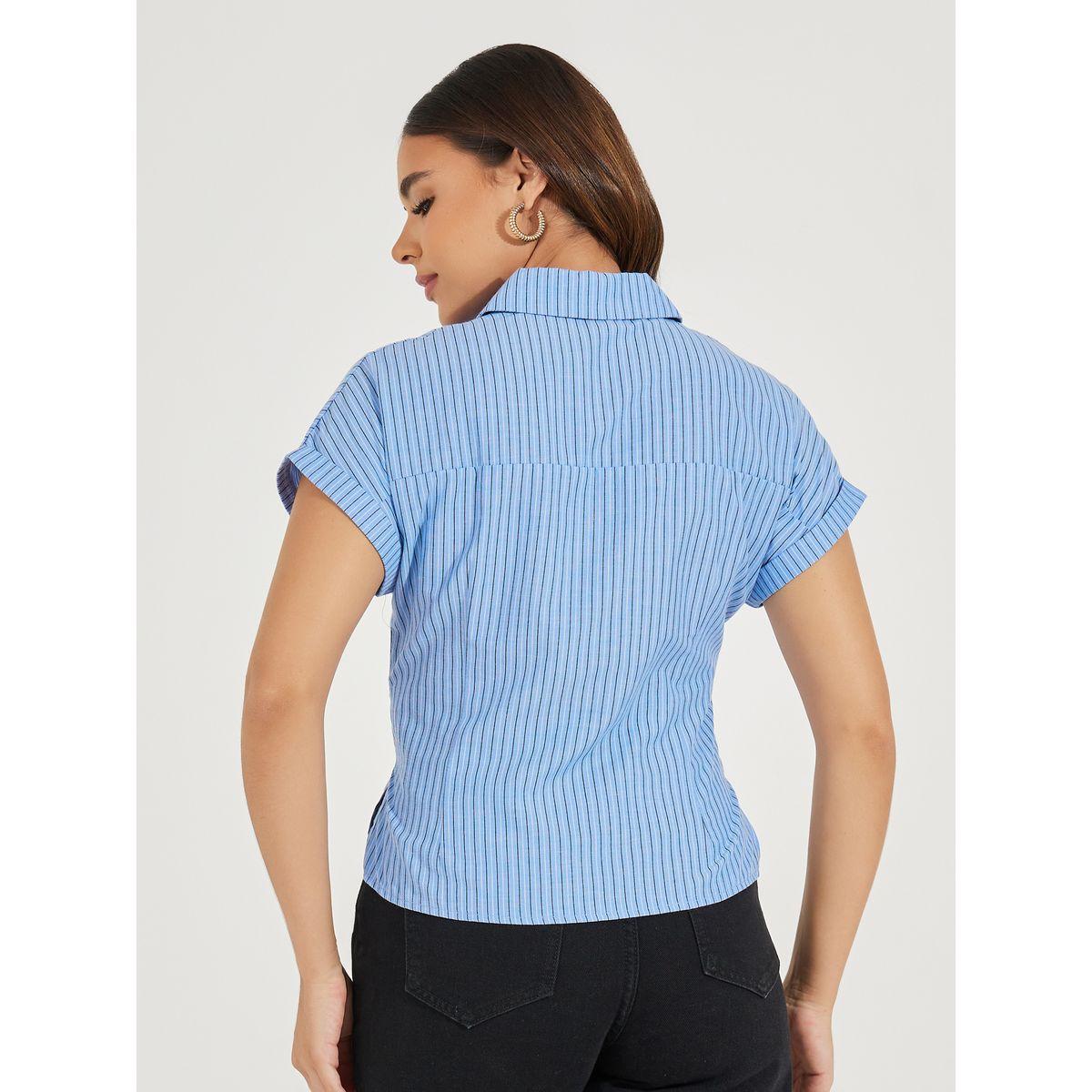 Styli Striped Wrap Tie Front Collared Top-women-clothing-shirtsandblouses-blouses-image-4