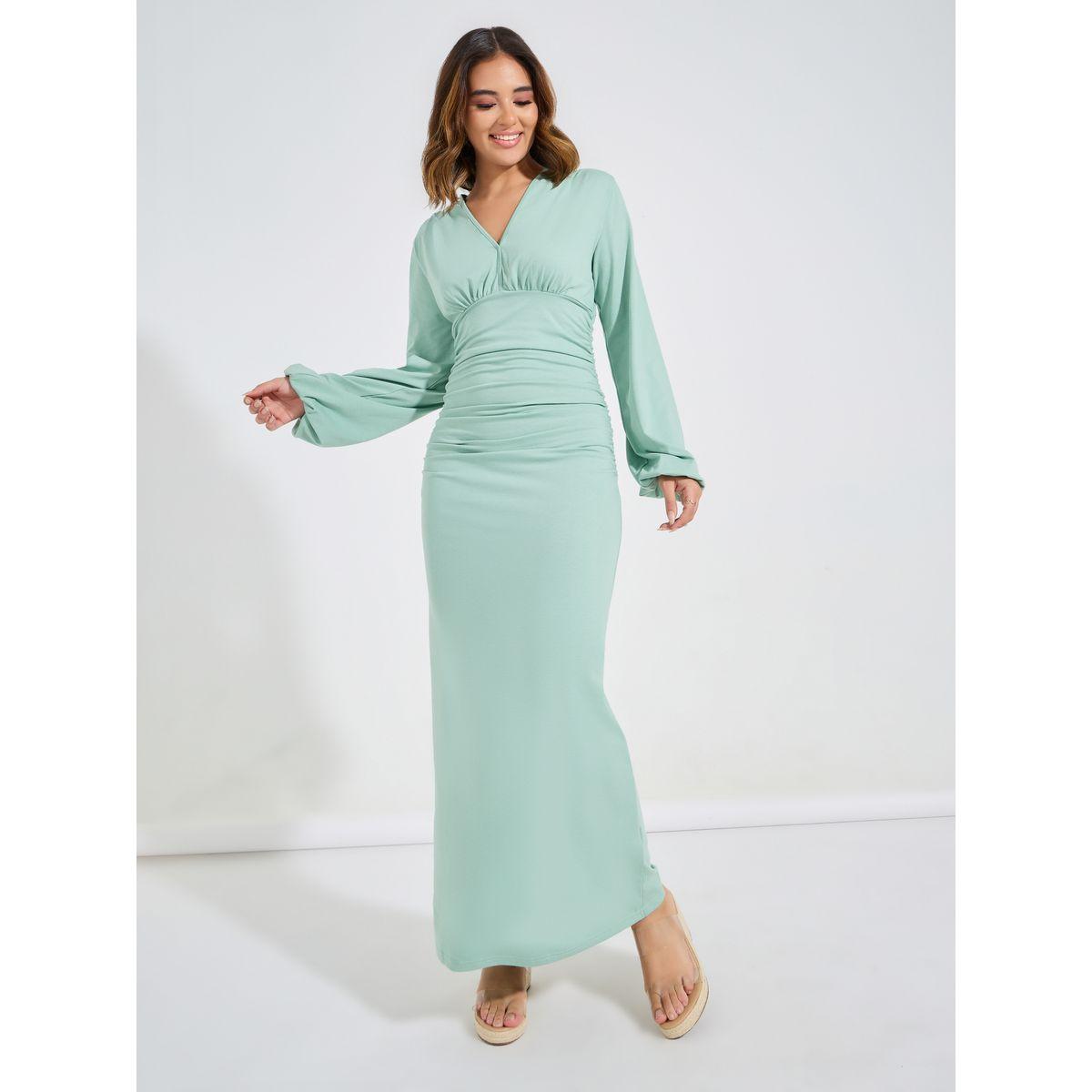 Causey X Styli  Plain Gathered Volume Sleeves Maxi Dress-women-clothing-dresses-image-2