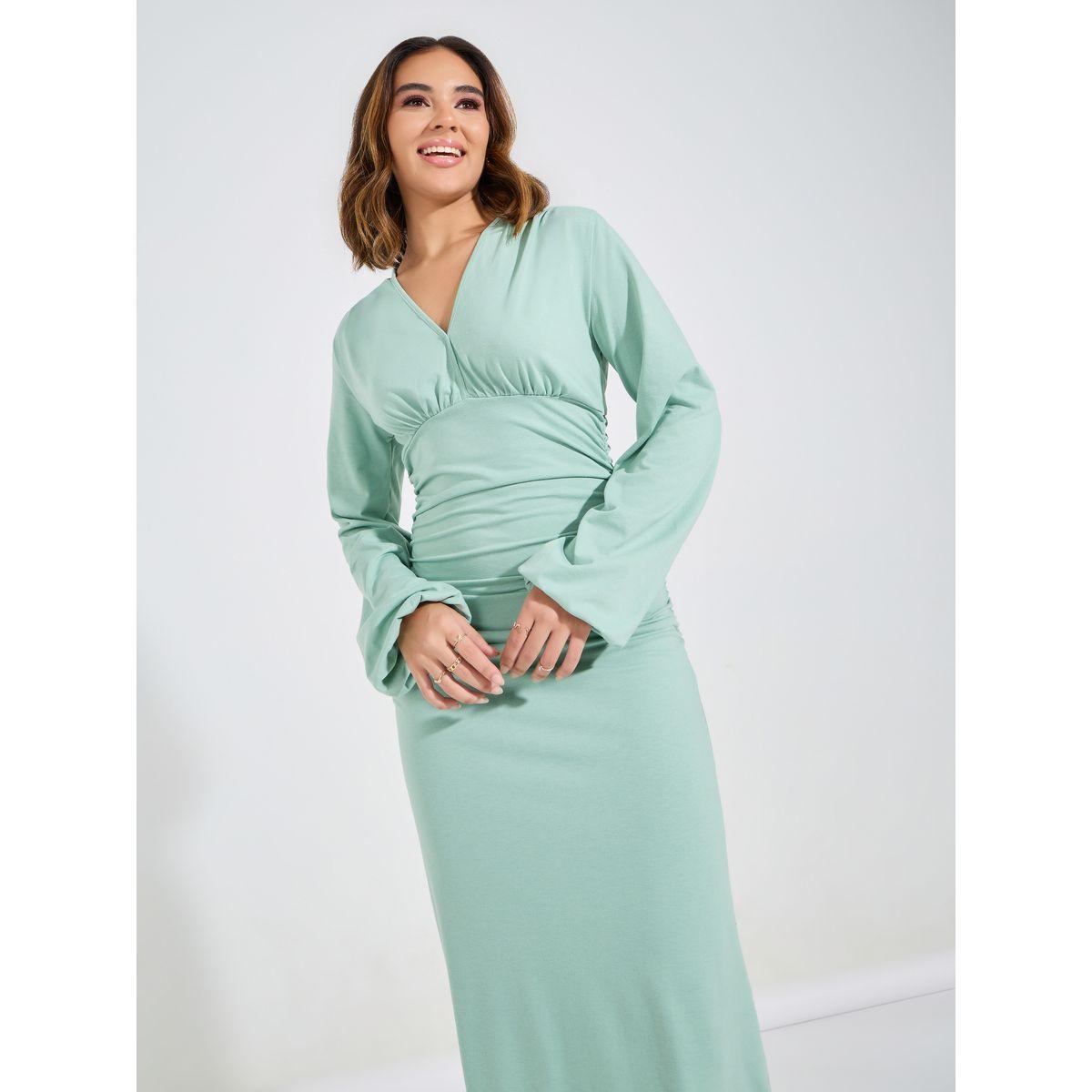 Causey X Styli  Plain Gathered Volume Sleeves Maxi Dress-women-clothing-dresses-image-4