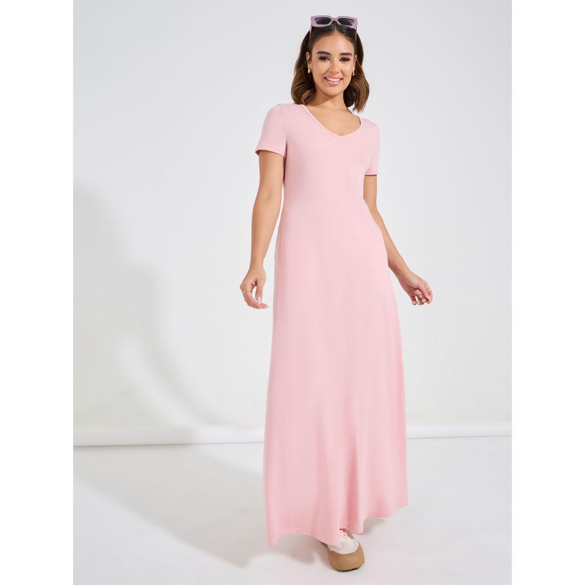 Causey X Styli  Plain Short Sleeves A-Line Maxi Dress-women-clothing-dresses-image-1