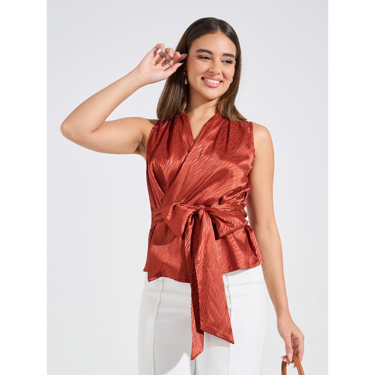 بلوزة ساتان بنمط لف ورباط خصر كوزي × ستايلي-women-clothing-shirtsandblouses-blouses-image-1