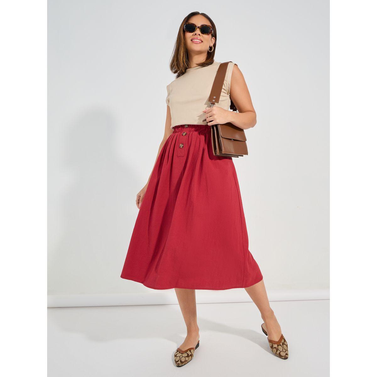 تنورة ميدي بخصر بيبر باغ مع زر إغلاق كوزي × ستايلي-women-clothing-bottoms-skirts-image-1