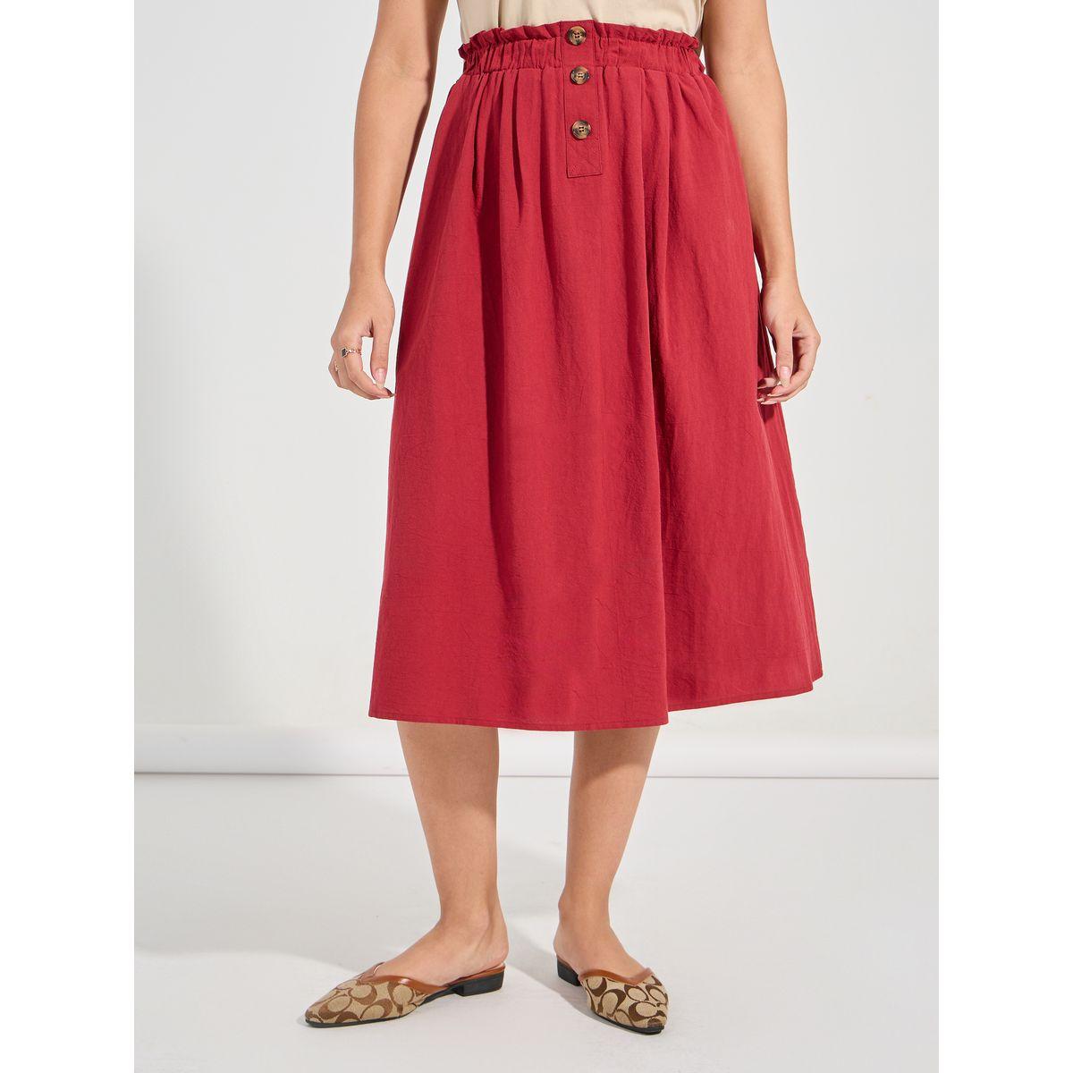 تنورة ميدي بخصر بيبر باغ مع زر إغلاق كوزي × ستايلي-women-clothing-bottoms-skirts-image-2