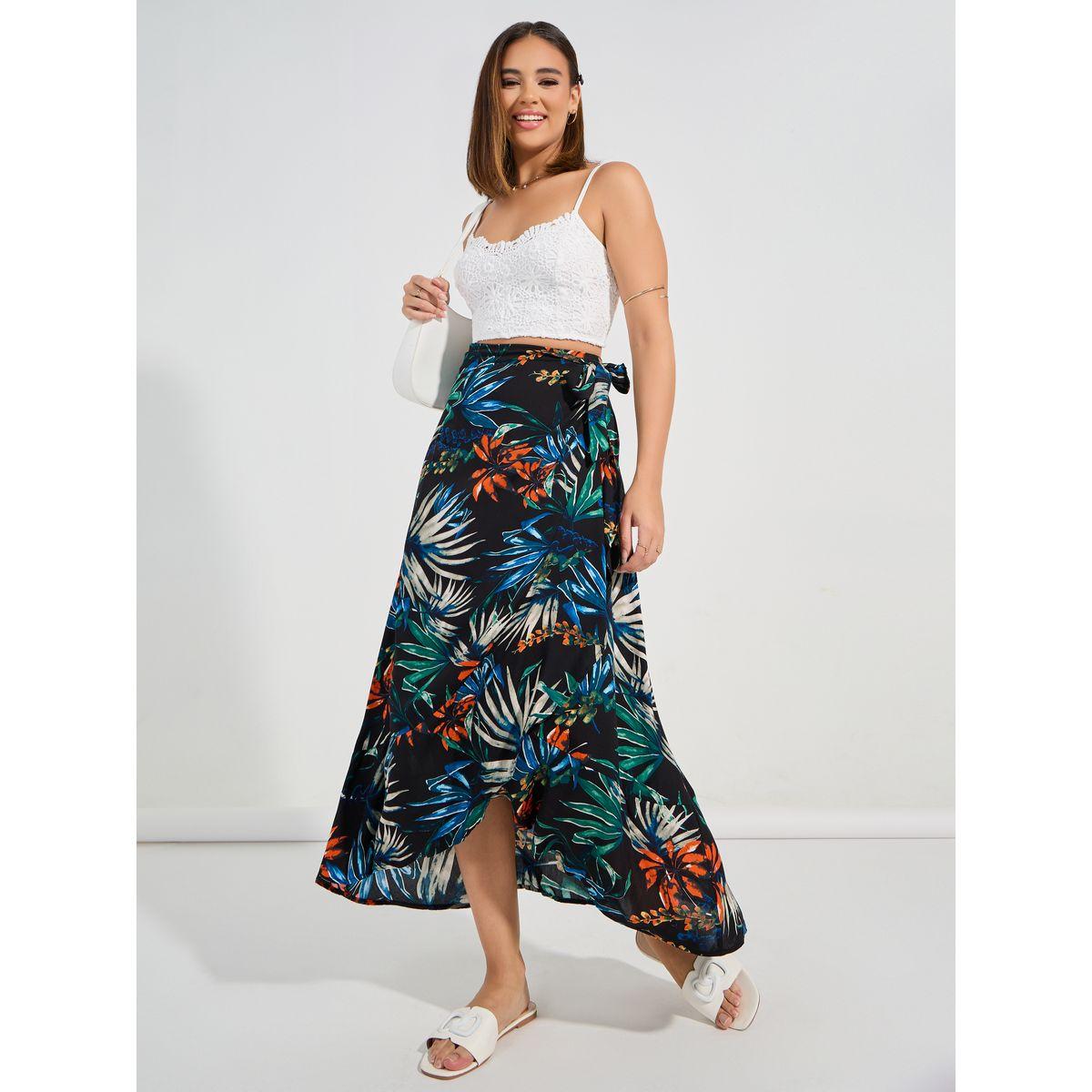 تنورة طويل بنمط لف وطبعة استوائية كوزي × ستايلي-women-clothing-bottoms-skirts-image-1