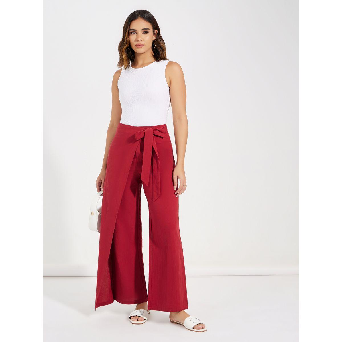 Causey X Styli  Wrap Over Style Wide Leg Pants with Self Tie Up-women-clothing-bottoms-trousers-image-1