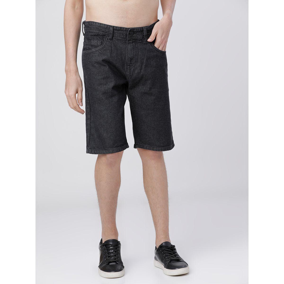 شورت دنيم سادة بقصة سليم فت هايلاندر × ستايلي-men-clothing-bottoms-shorts-image-1