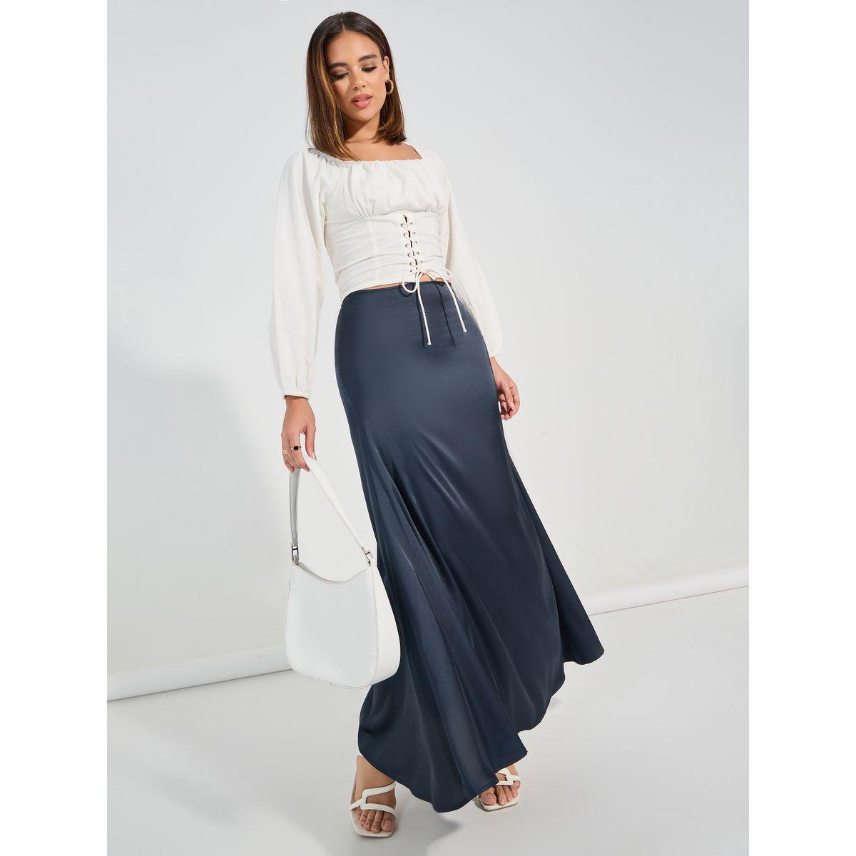 تنورة ساتان طويلة مع حافة بنمط حورية البحر كوزي × ستايلي-women-clothing-bottoms-skirts-image-1