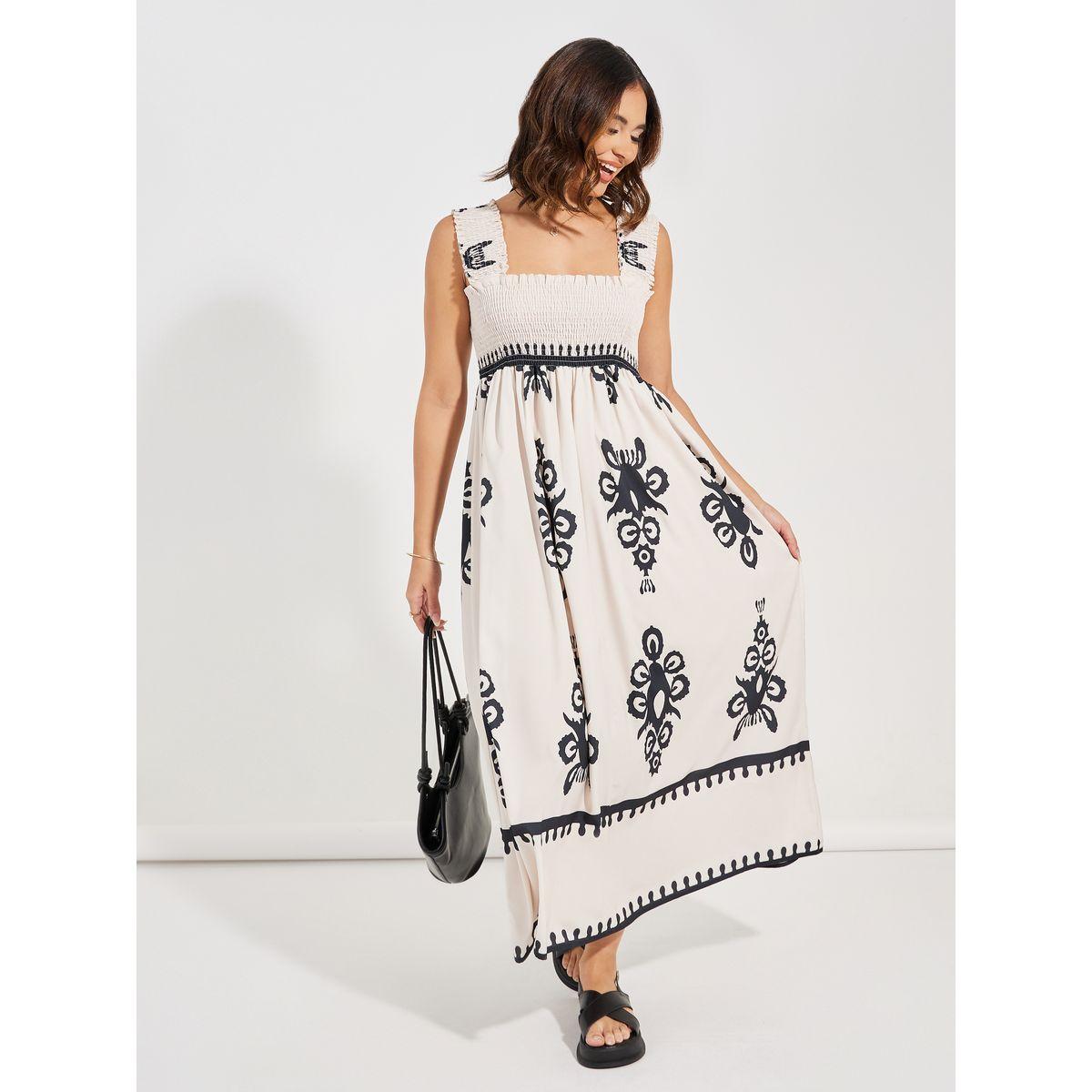 Styli Square Neck Gathered A-Line Maxi Dress-women-clothing-dresses-image-1