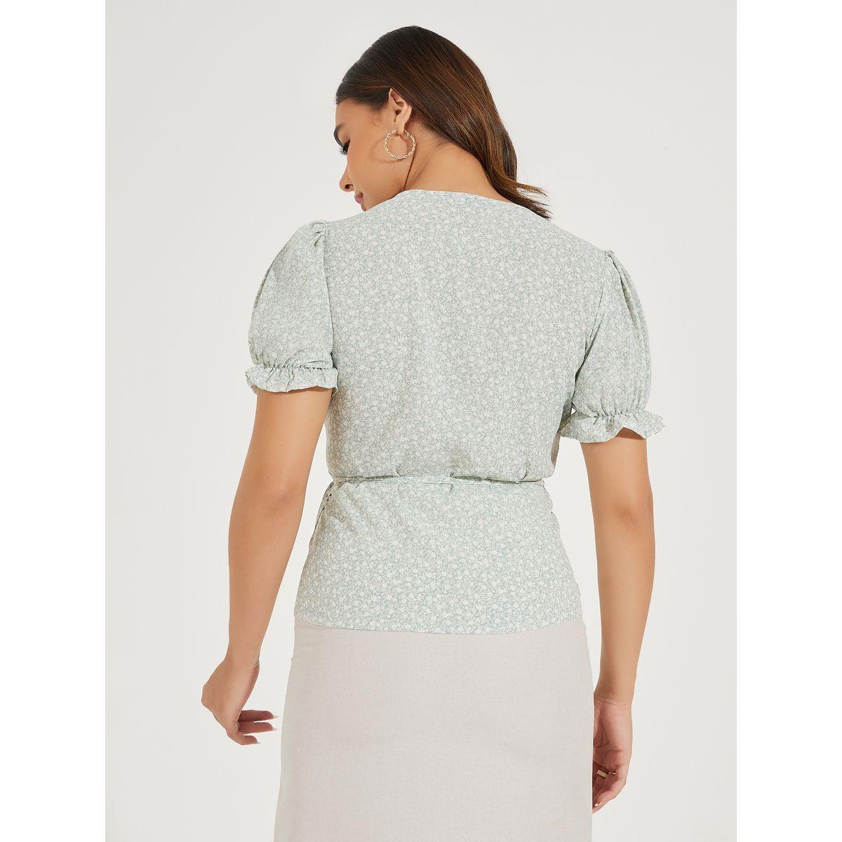 بلوزة مطبعة بزهور ونمط لف مع اكمام منفوخة ورباط-women-clothing-shirtsandblouses-blouses-image-4