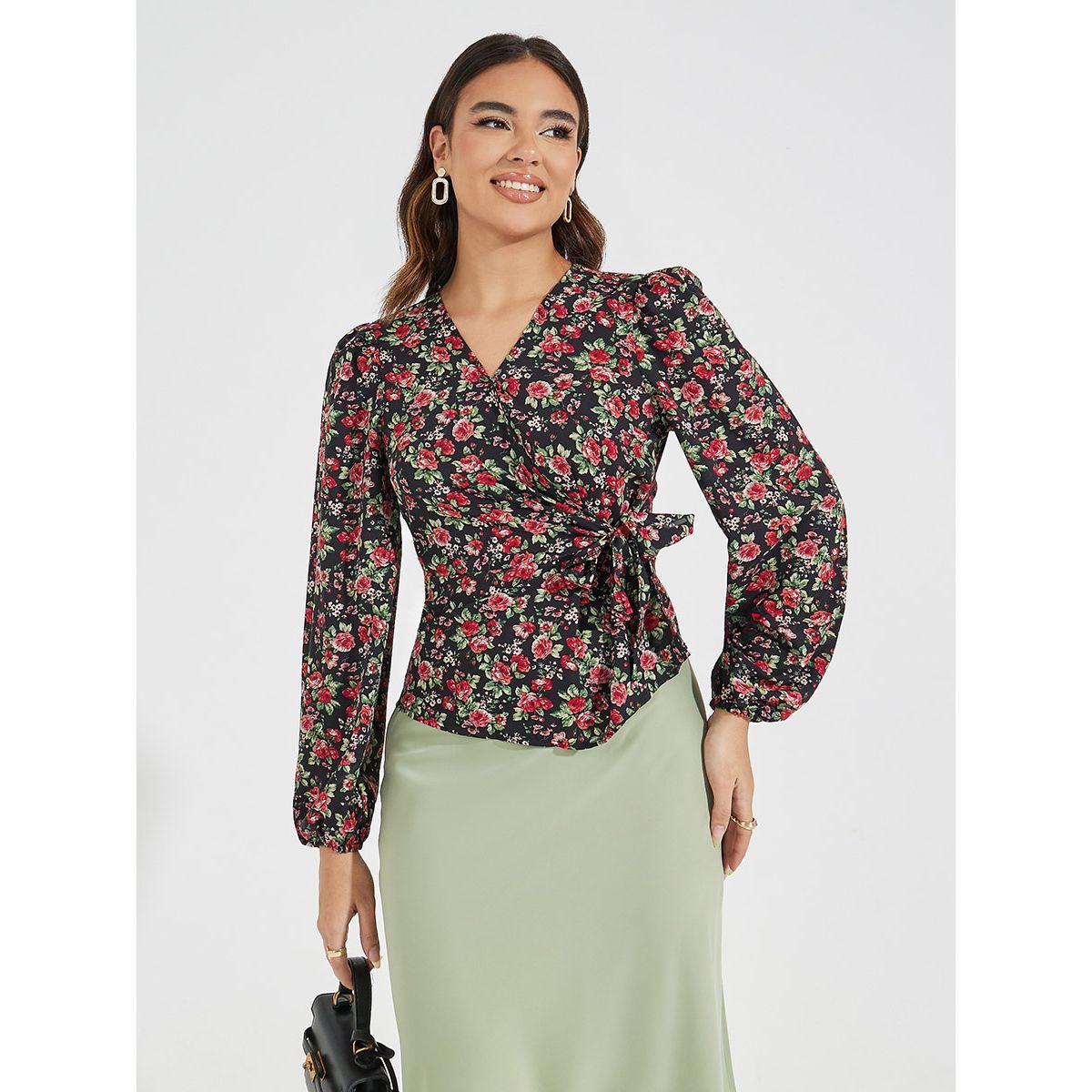 Styli Floral Print Wrap Top with Tie Waist Detail-women-clothing-shirtsandblouses-blouses-image-1