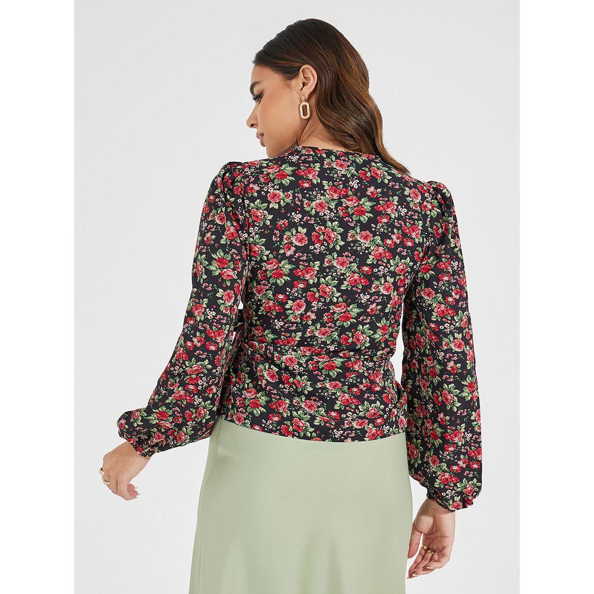 Styli Floral Print Wrap Top with Tie Waist Detail-women-clothing-shirtsandblouses-blouses-image-4