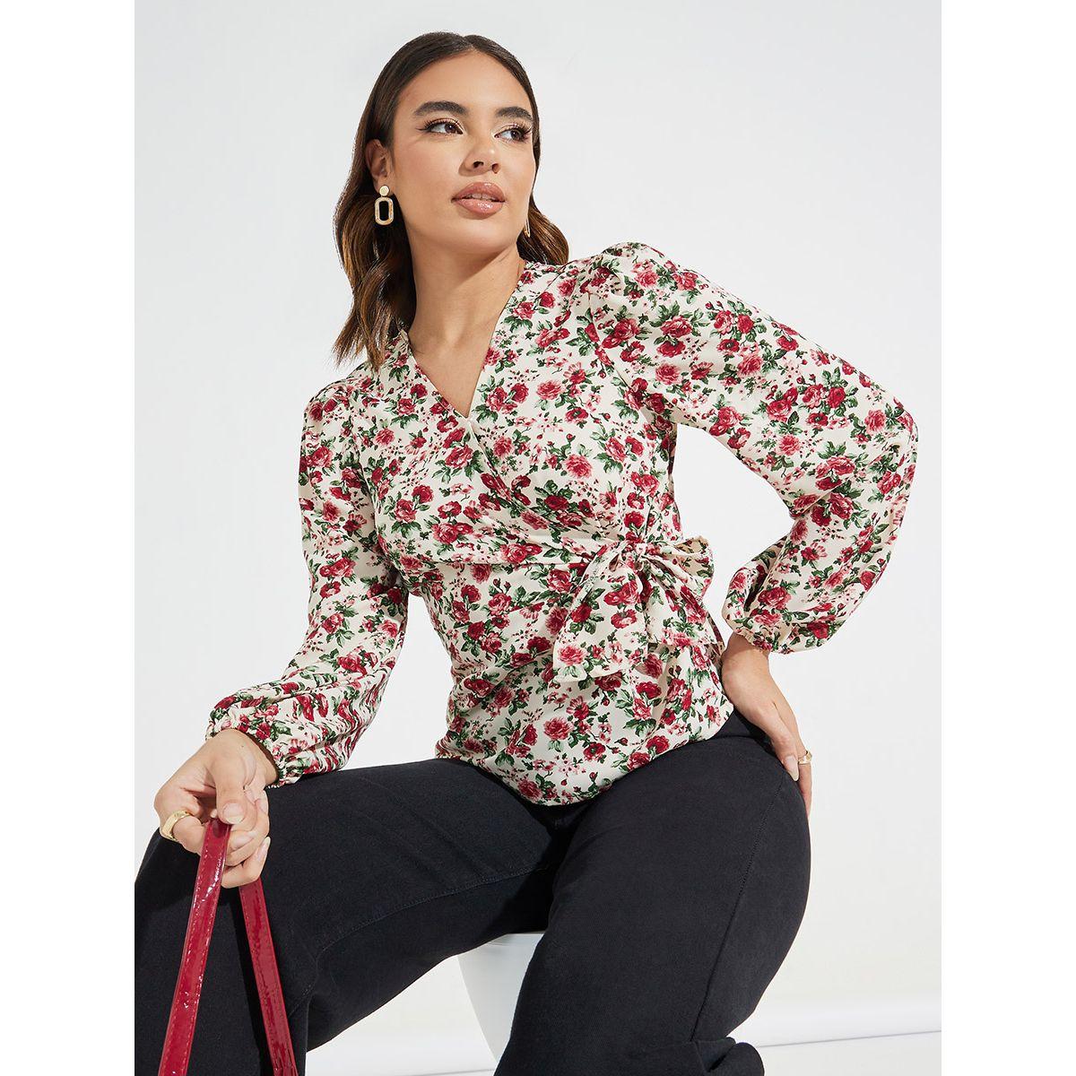 بلوزة مطبعة بزهور ونمط لف مع اكمام بالون-women-clothing-shirtsandblouses-blouses-image-1