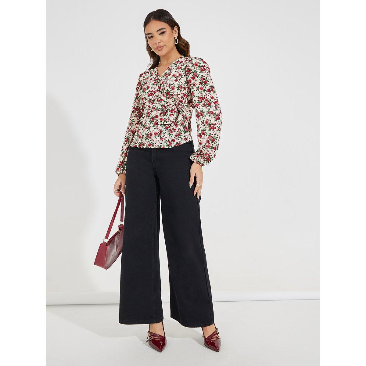 بلوزة مطبعة بزهور ونمط لف مع اكمام بالون-women-clothing-shirtsandblouses-blouses-image-2