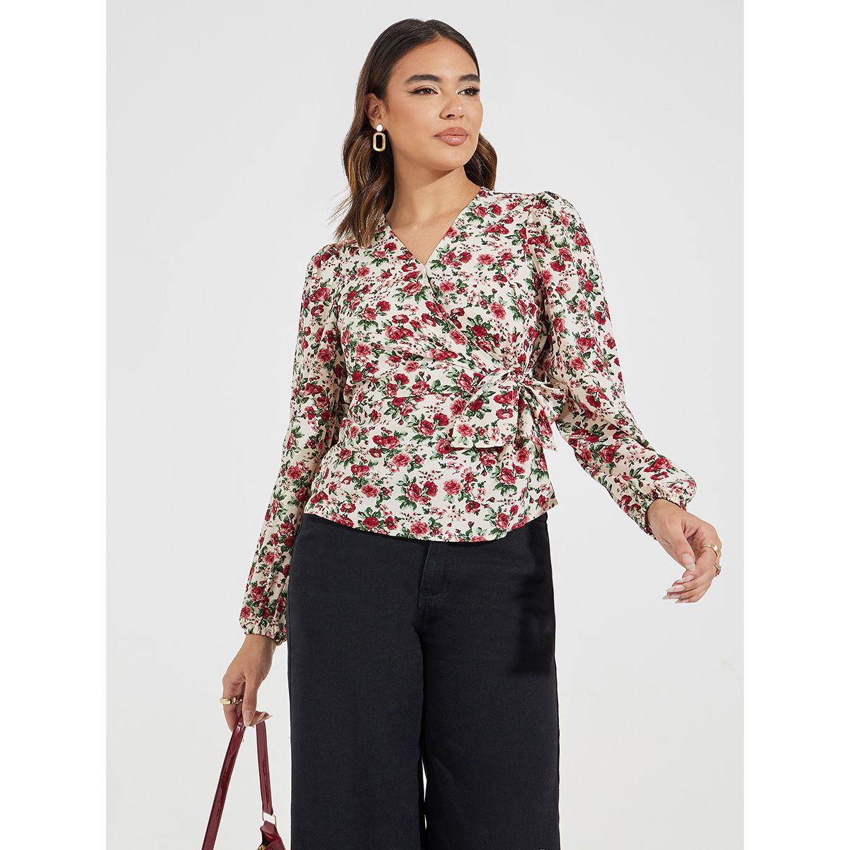 بلوزة مطبعة بزهور ونمط لف مع اكمام بالون-women-clothing-shirtsandblouses-blouses-image-3