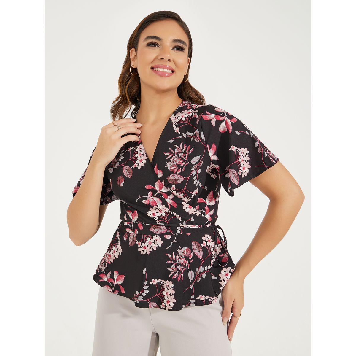 بلوزة بنمط لف وطبعة زهور مع اربطة-women-clothing-shirtsandblouses-blouses-image-1