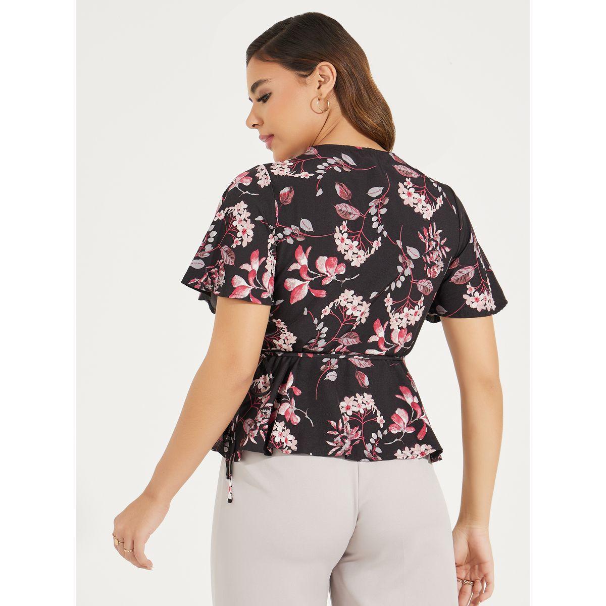 بلوزة بنمط لف وطبعة زهور مع اربطة-women-clothing-shirtsandblouses-blouses-image-4