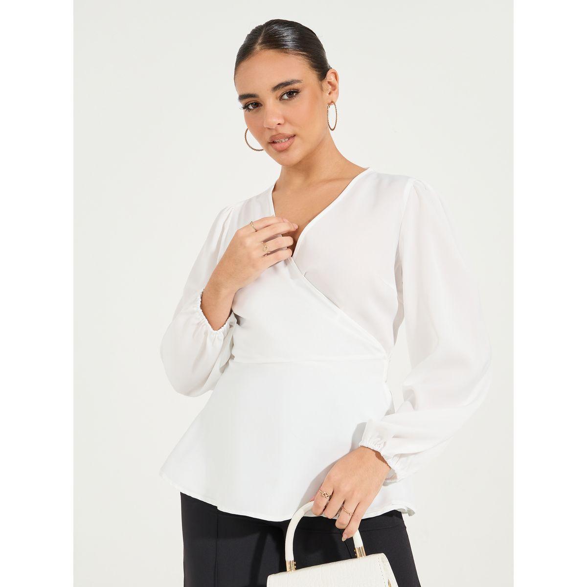 Styli Solid Wrap Top with Self Tie Waist-women-clothing-shirtsandblouses-blouses-image-1