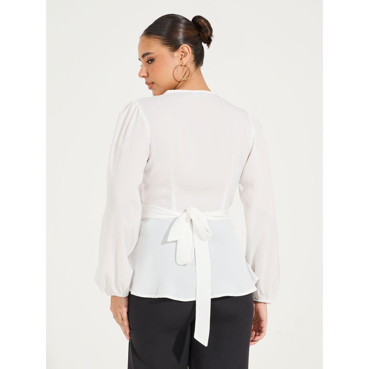 بلوزة سادة بنمط لف واكمام بالون مع اربطة-women-clothing-shirtsandblouses-blouses-image-4