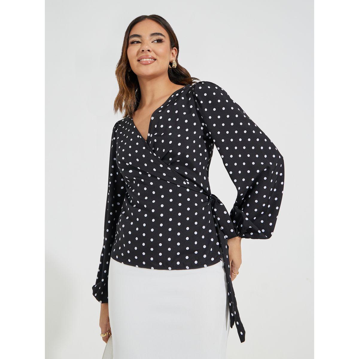 Styli Polka Dot Print Wrap Top with Tie Waist Detail-women-clothing-shirtsandblouses-blouses-image-1