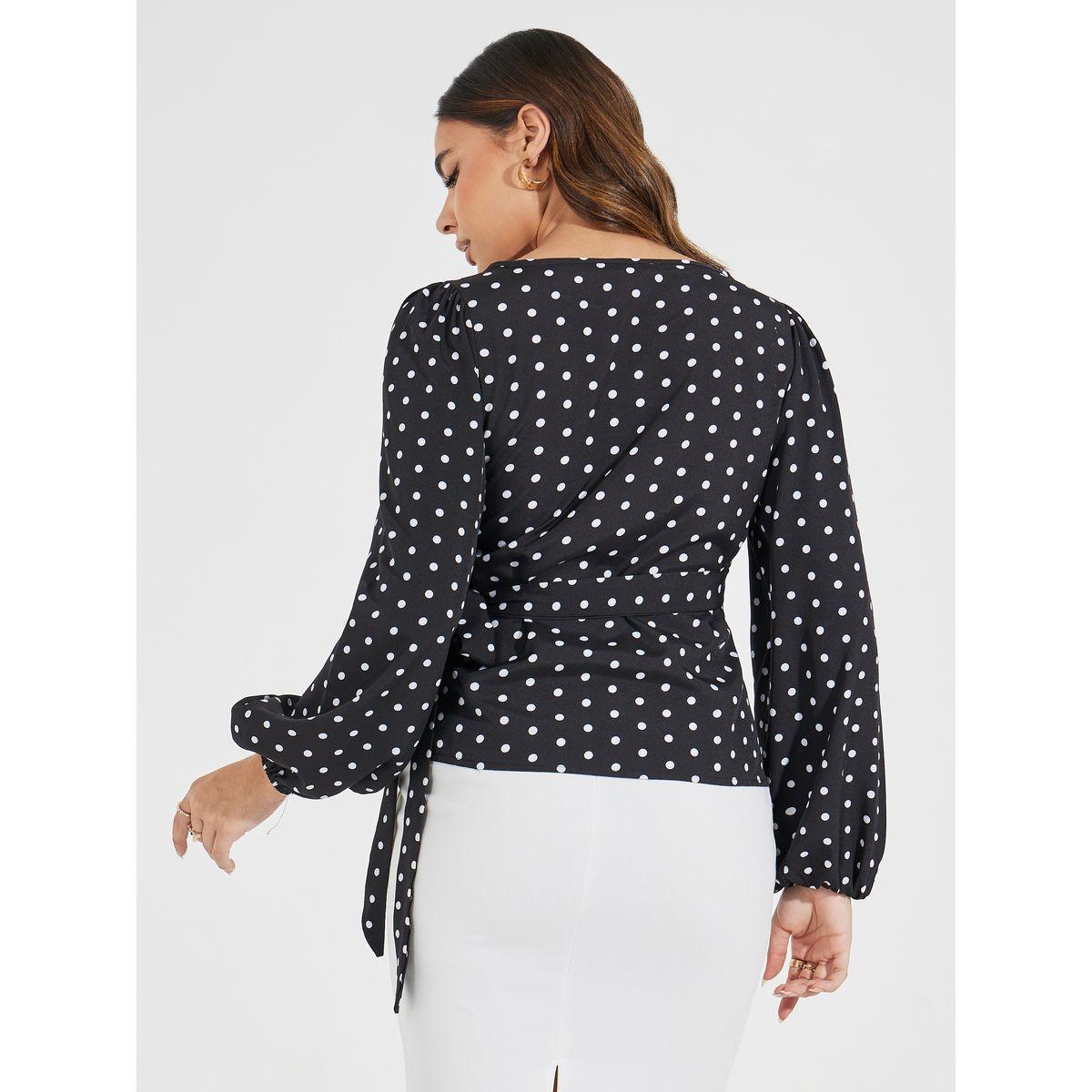 بلوزة مطبعة بنقاط بولكا ونمط لف مع اكمام بالون-women-clothing-shirtsandblouses-blouses-image-4
