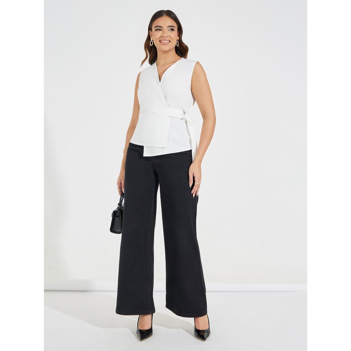 بلوزة سادة بلا اكمام ونمط لف مع مشبك غلق-women-clothing-shirtsandblouses-blouses-image-2