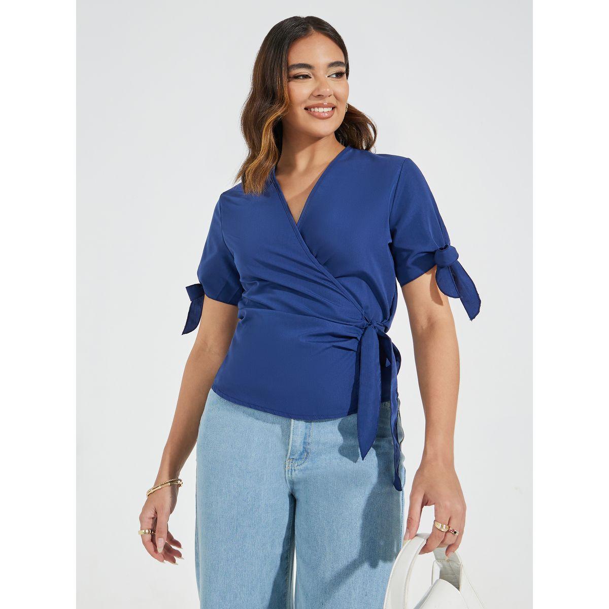 Styli Solid Wrap Top with Tie-Cuff Detail-women-clothing-shirtsandblouses-blouses-image-1