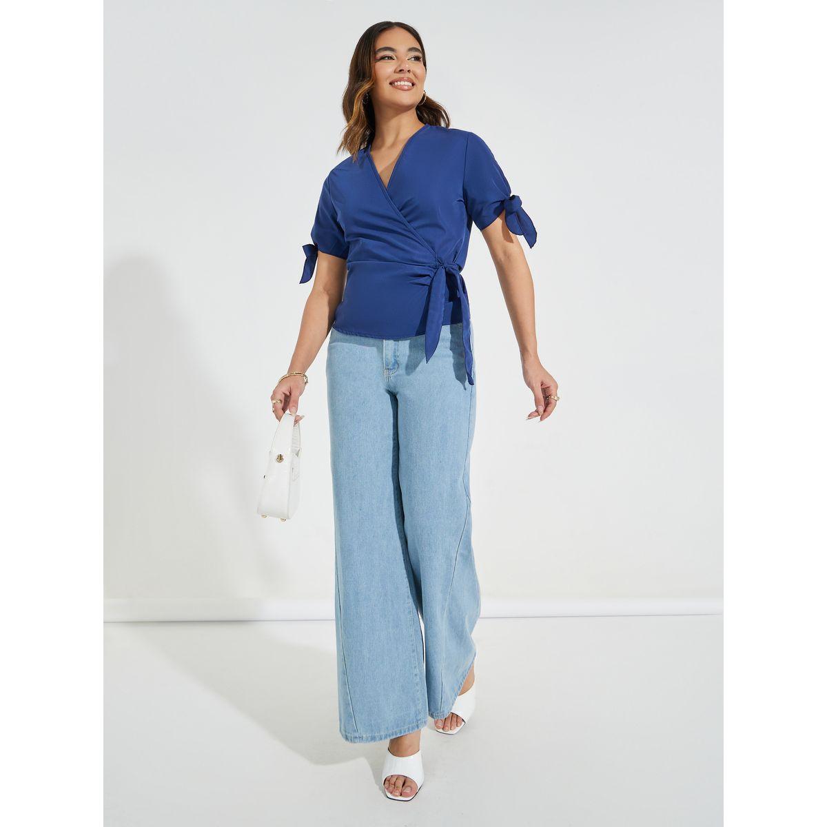 Styli Solid Wrap Top with Tie-Cuff Detail-women-clothing-shirtsandblouses-blouses-image-2