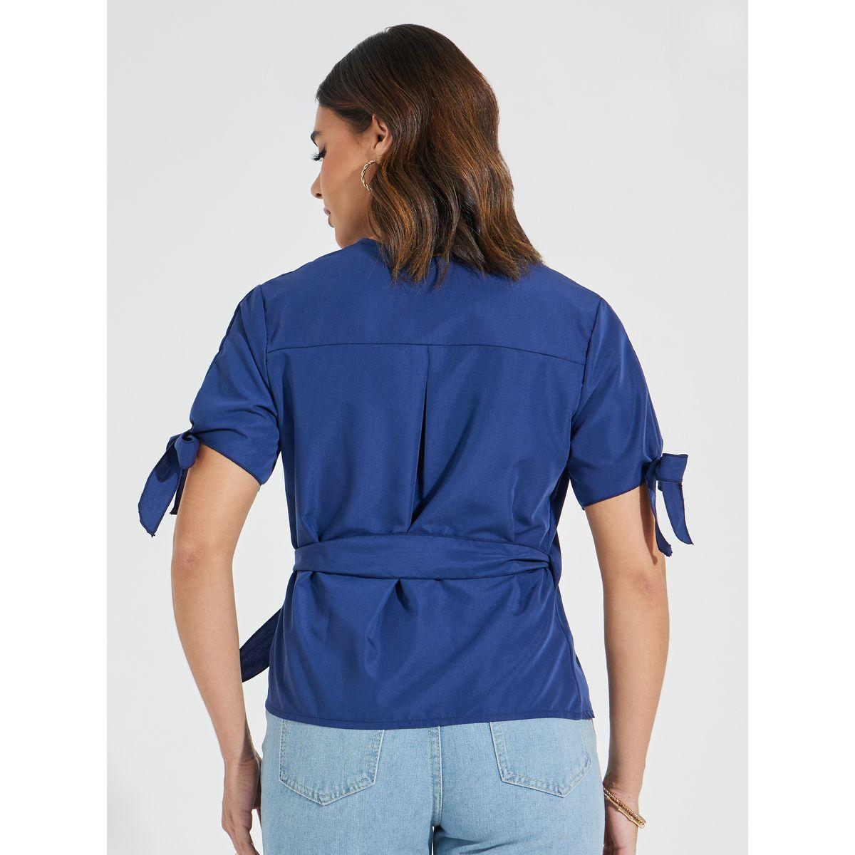 Styli Solid Wrap Top with Tie-Cuff Detail-women-clothing-shirtsandblouses-blouses-image-4