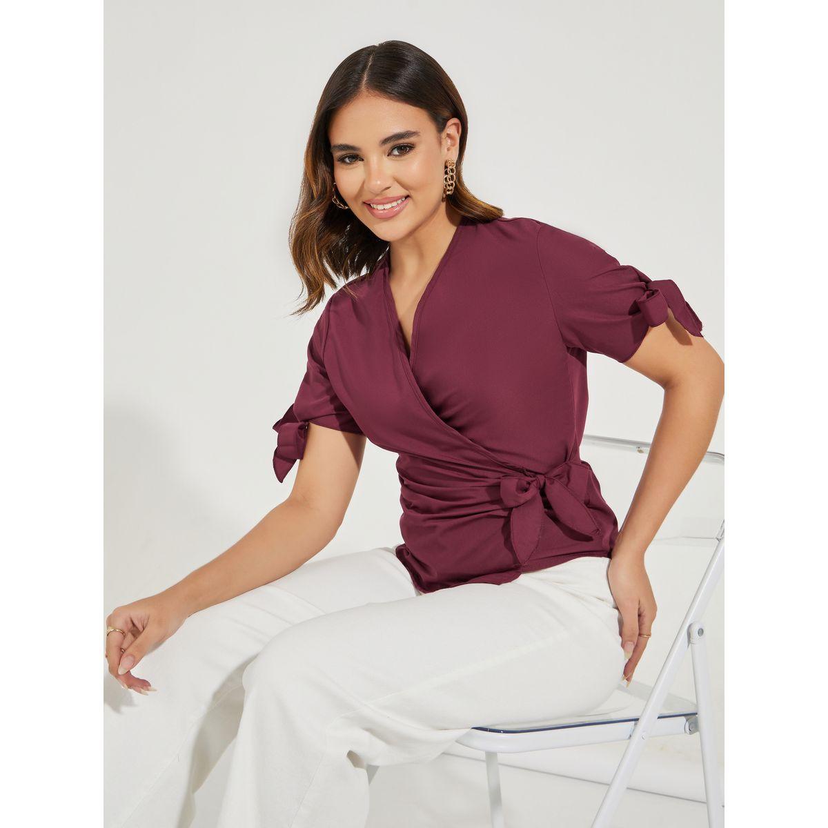 Styli Solid Wrap Top with Tie-Cuff Detail-women-clothing-shirtsandblouses-blouses-image-1
