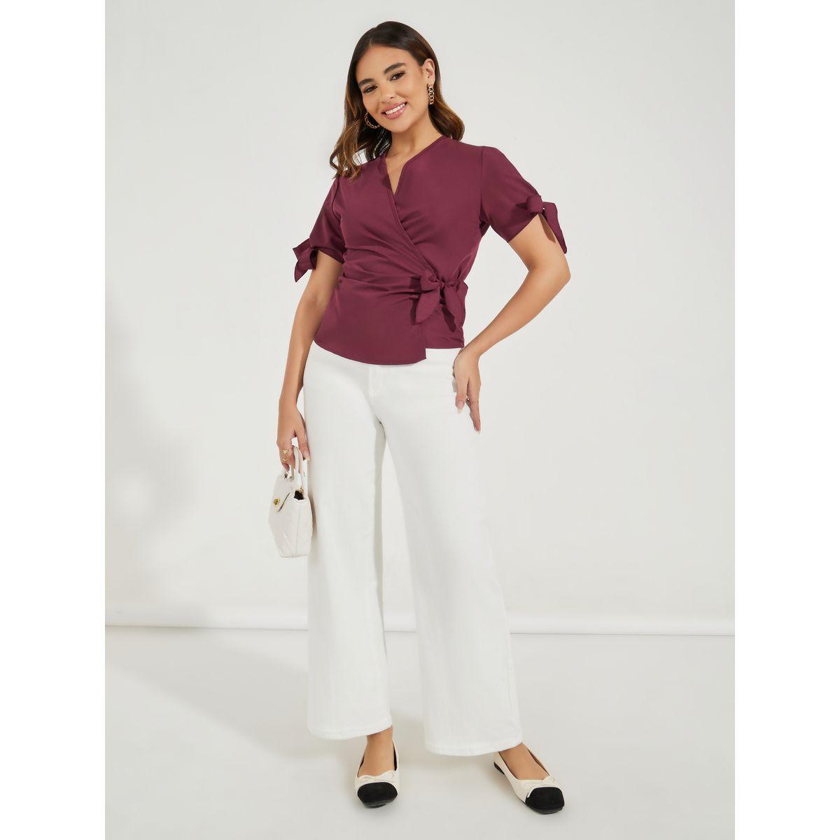 Styli Solid Wrap Top with Tie-Cuff Detail-women-clothing-shirtsandblouses-blouses-image-2