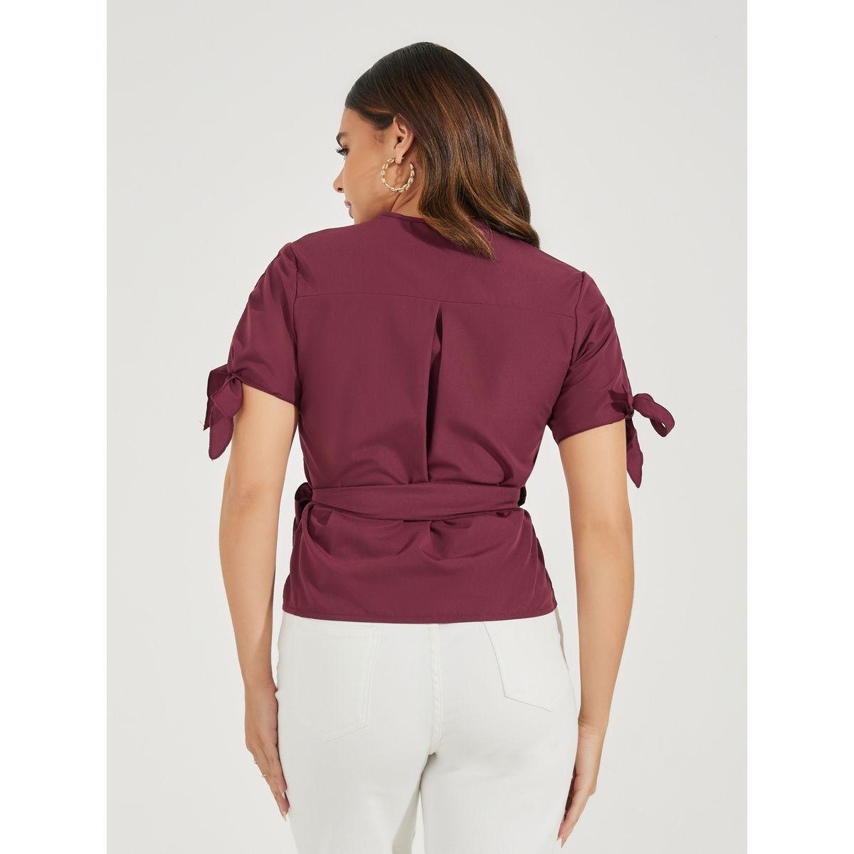 Styli Solid Wrap Top with Tie-Cuff Detail-women-clothing-shirtsandblouses-blouses-image-4