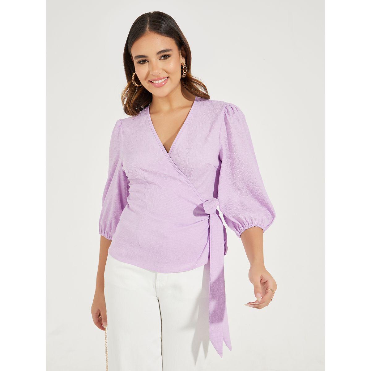 بلوزة سادة بنمط لف مع اكمام بالون واربطة-women-clothing-shirtsandblouses-blouses-image-1