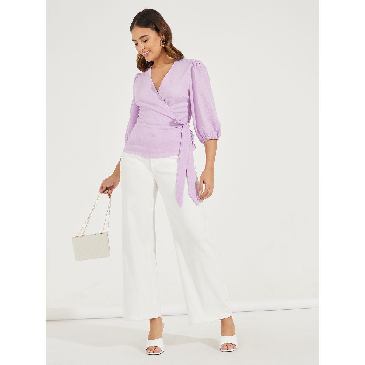 Styli Textured Wrap Top with Balloon Sleeve & Tie Detail-women-clothing-shirtsandblouses-blouses-image-2
