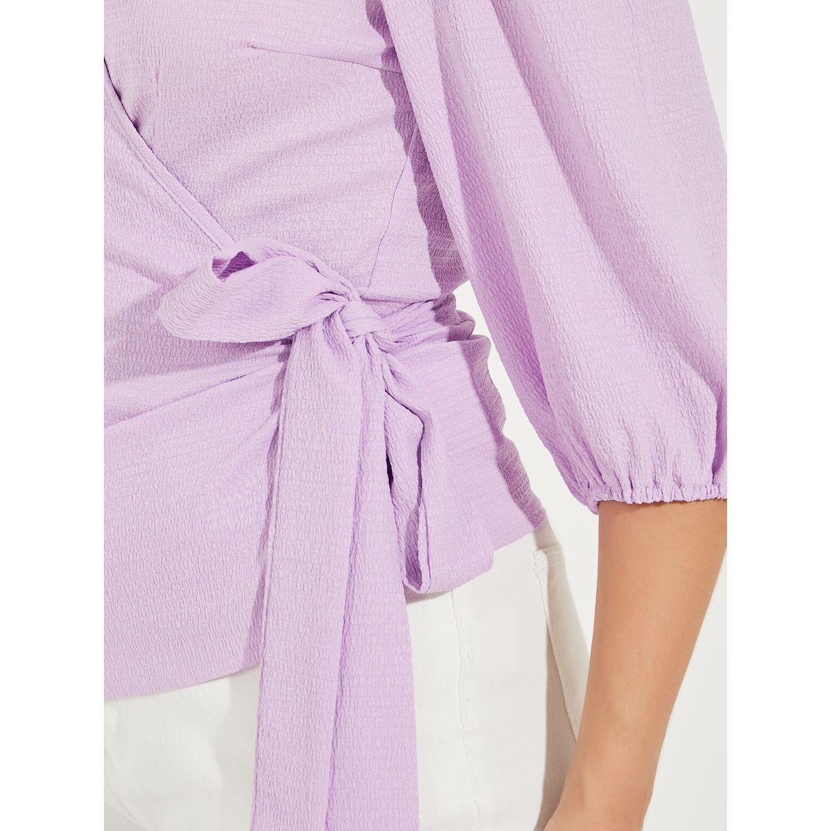 بلوزة سادة بنمط لف مع اكمام بالون واربطة-women-clothing-shirtsandblouses-blouses-image-3