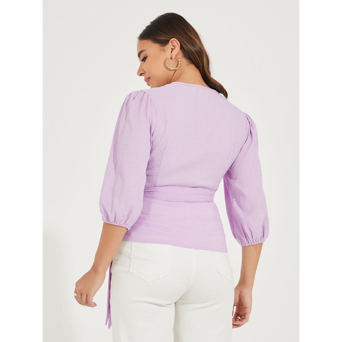 Styli Textured Wrap Top with Balloon Sleeve & Tie Detail-women-clothing-shirtsandblouses-blouses-image-4